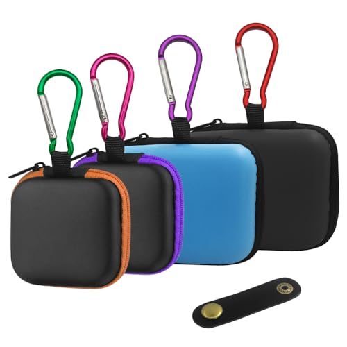 FineGood Kopfhörer-Hüllen und 1 Kabelclip, tragbare EVA-Tragetasche mit Karabinern für Mini-Headset, USB-Kabel, Schwarz, Blau, Orange, Lila, 4 Stück von FineGood