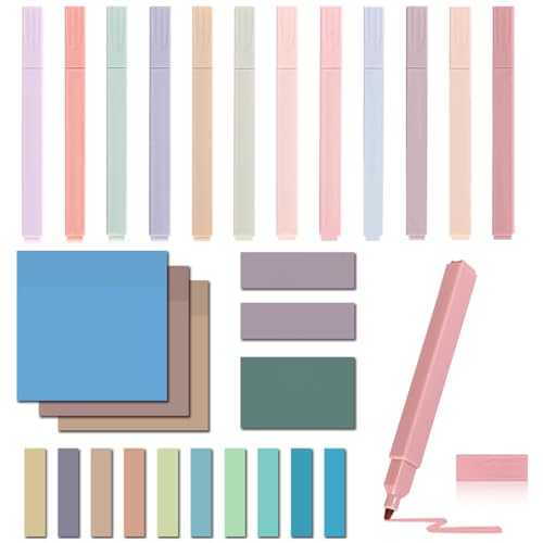 FineInno 12 Pastell Textmarker with 700 Transparente Haftnotizen, Wasserdicht Sticky Notes Aesthetic Marker Book Annotation Haftnotizen Tabs für Zuhause Büro (Quadrat) von FineInno