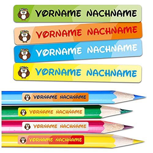 60 x Namensaufkleber Wunschname personalisiert je 4,5 x 0,6 cm Aufkleber mit Kinder Name Beschriftung Stifte Schule Kindergarten Sticker selbstklebend (Nr. 24 Eule, Für schmale Oberflächen) von Finest Folia