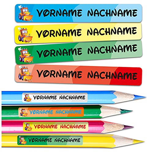 60 x Namensaufkleber Wunschname personalisiert je 4,5x0,6cm Aufkleber mit Kinder Name Beschriftung Schule Kindergarten Stifte Sticker (Nr. 01 Bagger, Für schmale Oberflächen) von Finest Folia
