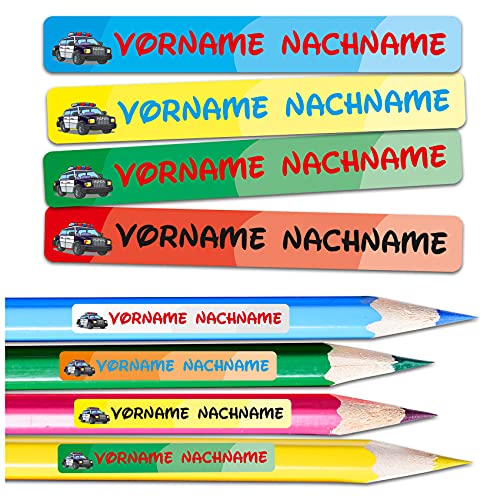 60 x Namensaufkleber Wunschname personalisiert je 4,5x0,6cm Aufkleber mit Kinder Name Beschriftung Schule Kindergarten Stifte Sticker (Nr. 08 Polizeiauto, Für schmale Oberflächen) von Finest Folia