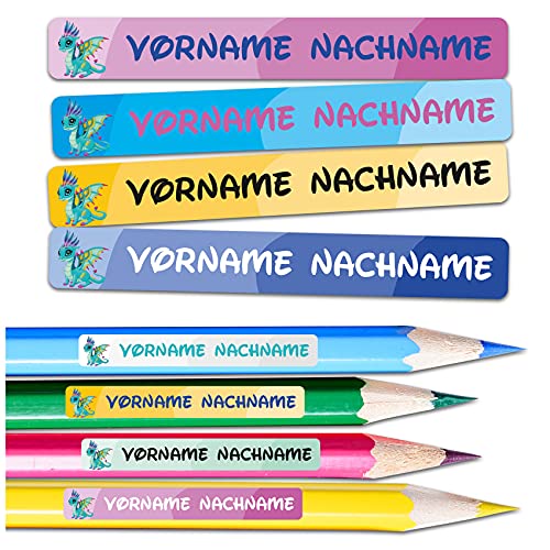 60 x Namensaufkleber Wunschname personalisiert je 4,5x0,6cm Aufkleber mit Kinder Name Beschriftung Schule Kindergarten Stifte Sticker (Nr. 09 Drache, Für schmale Oberflächen) von Finest Folia