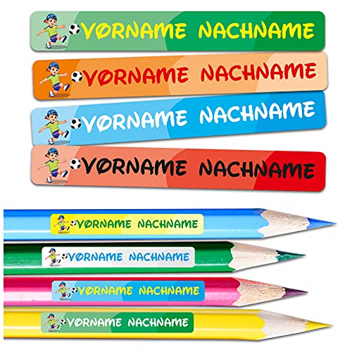 60 x Namensaufkleber Wunschname personalisiert je 4,5x0,6cm Aufkleber mit Kinder Name Beschriftung Schule Kindergarten Stifte Sticker (Nr. 12 Fußball, Für schmale Oberflächen) von Finest Folia