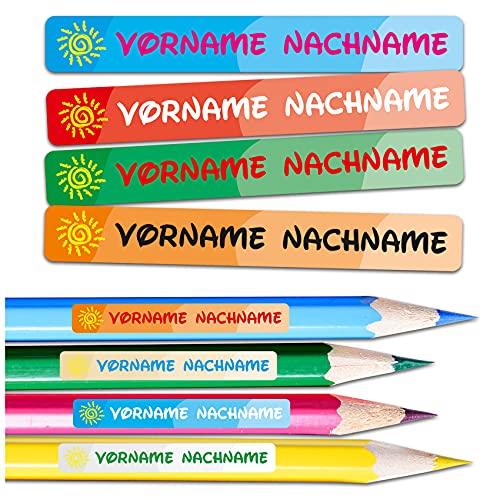 60 x Namensaufkleber Wunschname personalisiert je 4,5x0,6cm Aufkleber mit Kinder Name Beschriftung Schule Kindergarten Stifte Sticker (Nr. 15 Sonne, Für schmale Oberflächen) von Finest Folia