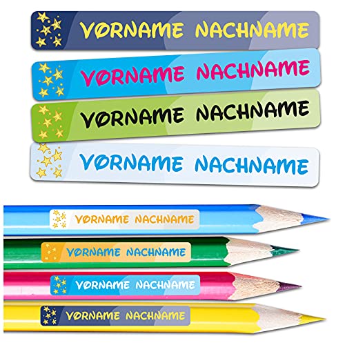 60 x Namensaufkleber Wunschname personalisiert je 4,5x0,6cm Aufkleber mit Kinder Name Beschriftung Schule Kindergarten Stifte Sticker (Nr. 16 Sterne, Für schmale Oberflächen) von Finest Folia