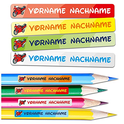 60 x Namensaufkleber Wunschname personalisiert je 4,5x0,6cm Aufkleber mit Kinder Name Beschriftung Schule Kindergarten Stifte Sticker (Nr. 17 Motorrad, Für schmale Oberflächen) von Finest Folia