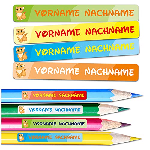 60 x Namensaufkleber Wunschname personalisiert je 4,5x0,6cm Aufkleber mit Kinder Name Beschriftung Schule Kindergarten Stifte Sticker (Nr. 21 Katze, Für schmale Oberflächen) von Finest Folia