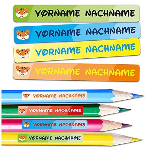 60 x Namensaufkleber Wunschname personalisiert je 4,5x0,6cm Aufkleber mit Kinder Name Beschriftung Schule Kindergarten Stifte Sticker (Nr. 22 Tiger, Für schmale Oberflächen) von Finest Folia