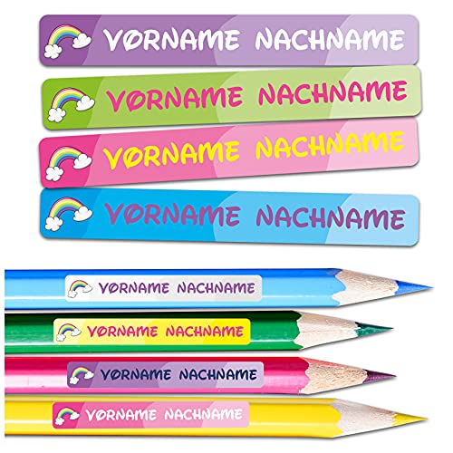 60 x Namensaufkleber Wunschname personalisiert je 4,5x0,6cm Aufkleber mit Kinder Name Beschriftung Schule Kindergarten Stifte Sticker (Nr. 29 Regenbogen, Für schmale Oberflächen) von Finest Folia