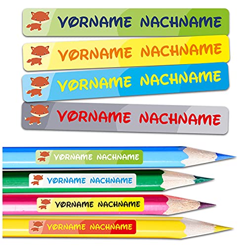 60 x Namensaufkleber Wunschname personalisiert je 4,5x0,6cm Aufkleber mit Kinder Name Beschriftung Schule Kindergarten Stifte Sticker (Nr. 38 Fuchs, Für schmale Oberflächen) von Finest Folia