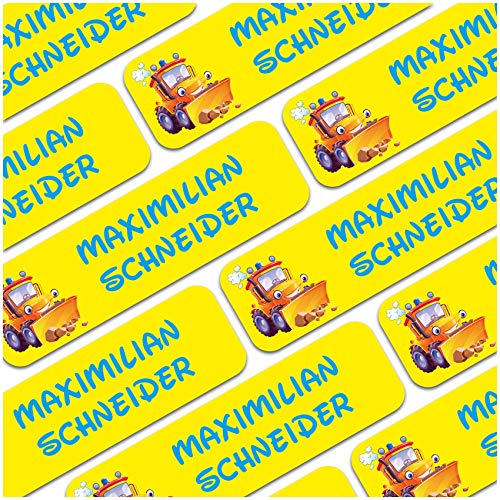 80 x Namensaufkleber Wunschname personalisiert je 3,5x1cm Aufkleber mit Kinder Name Beschriftung Schule Kindergarten Kleidung Sticker (Nr. 01 Bagger, Für feste Oberflächen) von Finest Folia