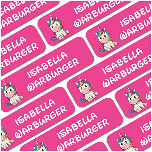 80 x Namensaufkleber Wunschname personalisiert je 3,5x1cm Aufkleber mit Kinder Name Beschriftung Schule Kindergarten Kleidung Sticker (Nr. 30 Einhorn, Für feste Oberflächen) von Finest Folia