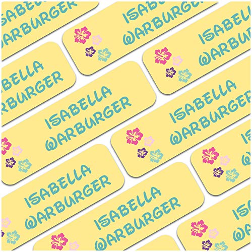 80 x Namensaufkleber Wunschname personalisiert je 3,5x1cm Aufkleber mit Kinder Name Beschriftung Schule Kindergarten Kleidung Sticker (Nr. 31 Hibiskus, Für Textilien) von Finest Folia