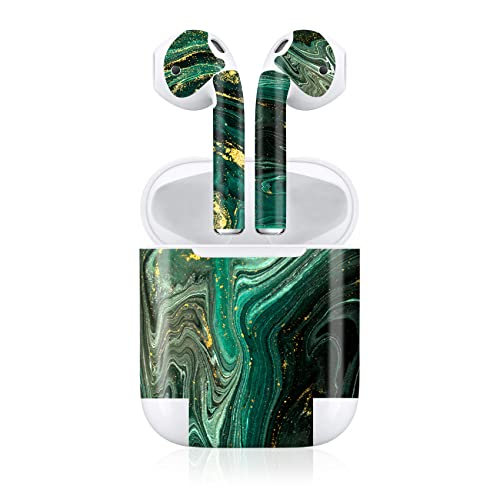 Finest Folia Aufkleber Set kompatibel mit Apple AirPod 1 + 2 kabellose Bluetooth Kopfhörer und Ladecase Vinyl Folie Skin Design Cover passgenau R188 (1. Generation, 16 grüner Marmor) von Finest Folia
