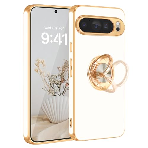 Fingic Schutzhülle für Pixel 9 Pro XL [mit 360° drehbarem Ringhalter] [unterstützt magnetische Autohalterung], glänzende Beschichtung, goldfarben, schmale Passform, dünn, weiches TPU, stoßfest, für von Fingic