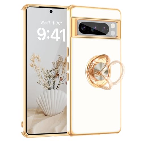 Fingic Pixel 8 Pro Hülle [mit 360° drehbarem Ringhalterungsständer] [unterstützt magnetische Autohalterung] Glänzende Beschichtung Gold Dünn Weich TPU Stoßfest Schutzhülle für Google Pixel 8 Pro für von Fingic