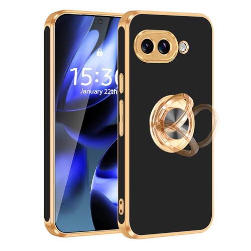 Fingic Schutzhülle für Pixel 9a, mit 360° drehbarem Ringhalter, unterstützt magnetische Autohalterung, glänzend, goldfarben, schlank, dünn, weiches TPU, stoßfest, 16 cm (6,3 Zoll), 2025, Schwarz von Fingic