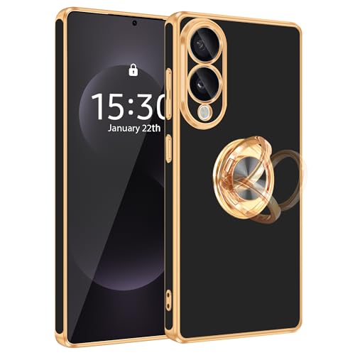 Fingic Schutzhülle für Samsung Galaxy S25 Edge [mit 360° drehbarem Ringhalter] [unterstützt magnetische Autohalterung] Glänzende Beschichtung, goldfarben, schlank, dünn, weiches TPU, robust, stoßfest von Fingic