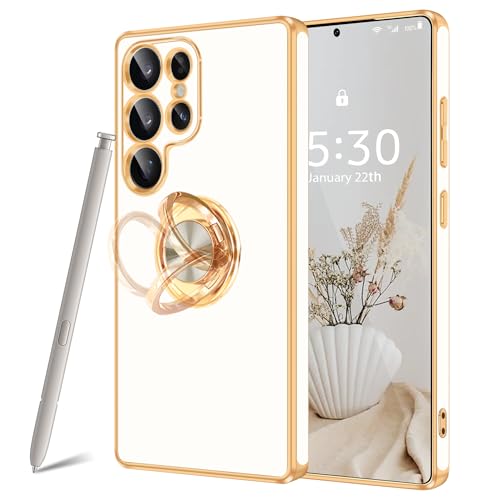 Fingic Schutzhülle für Samsung Galaxy S25 Ultra [mit 360° drehbarem Ringhalter] [unterstützt magnetische Autohalterung] Glänzende Beschichtung, goldfarben, schmale Passform, dünne, weiche von Fingic