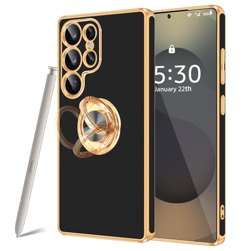 Fingic Schutzhülle für Samsung S25 Ultra [mit 360° drehbarem Ringhalter] [unterstützt magnetische Autohalterung] Glänzende Beschichtung, goldfarben, schlank, dünn, weiches TPU, stoßfest, für Damen und von Fingic
