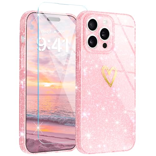 Fingic für iPhone 15 Pro Max Hülle [mit 1 x Displayschutzfolie aus gehärtetem Glas], klarer Glitzer, niedlich für Frauen und Mädchen, schlanke Handyhülle, stoßfest, Kratzfest, weiches Silikon, dünne von Fingic