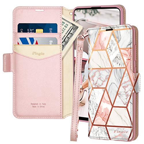 Galaxy A21S Hülle, Fingic Samsung Galaxy A21S Wallet Case Marmor [TPU Innenschale] [Kickstand Funktion] [RFID-Blockierung] [Kartenhalter] [Magnetverschluss], Rosegold von Fingic