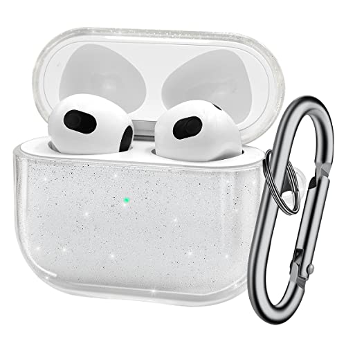 Schutzhülle für AirPods 3,AirPods 3 Generation,Ganzkörper Glitzer,funkelnd, schützend,stoßfest,weiches TPU mit Schlüsselanhänger,Karabiner,für AirPods 3 Ladehülle 2021,Front-LED sichtbar,transparent von Fingic