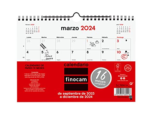 Finocam - Neutrale Wandkalender 16 Monate 2023 2024 Monatsansicht September 2023 - Dezember 2024 (16 Monate) Spanisch von Finocam