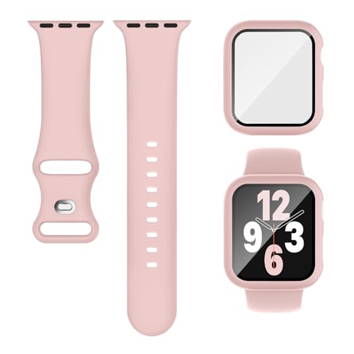 3-IN-1 Kompatibel für Apple Watch Armband mit Hülle und Displayschutz 40mm 41mm 44mm 45mm, Weich Silikon Sport Band + Gehäuse Mit Glas Kompatibel für iWatch Series SE 9 8 7 6 5 4 Damen Herren Rosa 3-IN-1 Kompatibel für Apple Watch Armband mit Hülle und Displayschutz 40mm 41mm 44mm 45mm, Weich Silikon Sport Band + Gehäuse Mit Glas Kompatibel für iWatch Series SE 9 8 7 6 5 4 Damen Herren Rosa von Finoriss