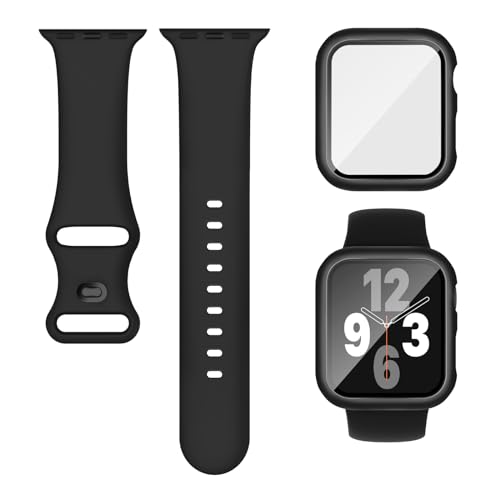 3-IN-1 Kompatibel für Apple Watch Armband mit Hülle und Displayschutz 40mm 41mm 44mm 45mm, Weich Silikon Sport Band + Gehäuse Mit Glas Kompatibel für iWatch Series SE 9 8 7 6 5 4 Damen Herren Schwarz 3-IN-1 Kompatibel für Apple Watch Armband mit Hülle und Displayschutz 40mm 41mm 44mm 45mm, Weich Silikon Sport Band + Gehäuse Mit Glas Kompatibel für iWatch Series SE 9 8 7 6 5 4 Damen Herren Schwarz von Finoriss