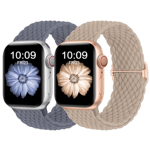 Finoriss Armband Kompatibel mit Apple Watch 38mm 40mm 41mm, Geflochtenes Elastisches Nylon Armband für Apple Watch Series 9 SE 8 7 6 5 4 3, Milchtee/Blaugrau von Finoriss