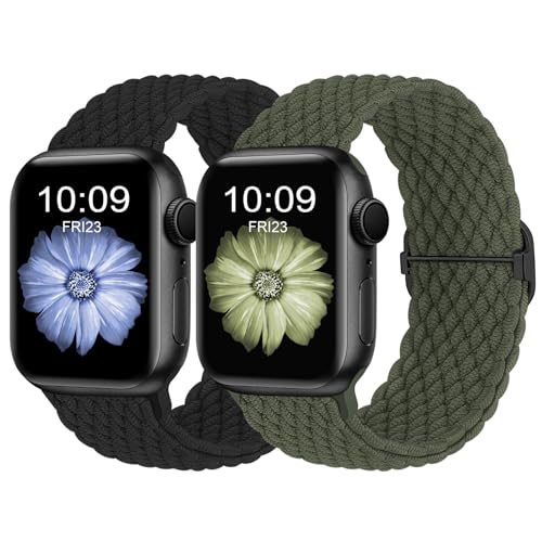 Finoriss Armband Kompatibel mit Apple Watch 38mm 40mm 41mm, Geflochtenes Elastisches Nylon Armband für Apple Watch Series 9 SE 8 7 6 5 4 3, Schwarz/Olivgrün von Finoriss