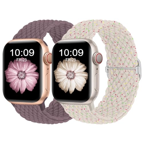 Finoriss Armband Kompatibel mit Apple Watch 42mm 44mm 45mm 49mm, Geflochtenes Elastisches Nylon Armband für Apple Watch Series 9 SE 8 7 6 5 4 3, Frühlings/Rauchlila von Finoriss