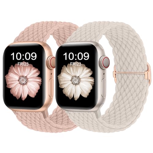 Finoriss Armband Kompatibel mit Apple Watch 42mm 44mm 45mm 49mm, Geflochtenes Elastisches Nylon Armband für Apple Watch Series 9 SE 8 7 6 5 4 3, Sand Rosa/Polarstern von Finoriss