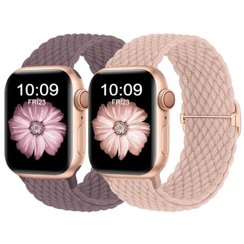 Finoriss Armband Kompatibel mit Apple Watch 42mm 44mm 45mm 49mm, Geflochtenes Elastisches Nylon Armband für Apple Watch Series 9 SE 8 7 6 5 4 3, Sand Rosa/Rauchlila von Finoriss