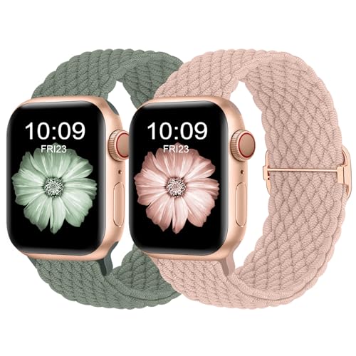 Finoriss Armband Kompatibel mit Apple Watch 42mm 44mm 45mm 49mm, Geflochtenes Elastisches Nylon Armband für Apple Watch Series 9 SE 8 7 6 5 4 3, Sand Rosa/Tannengrün von Finoriss