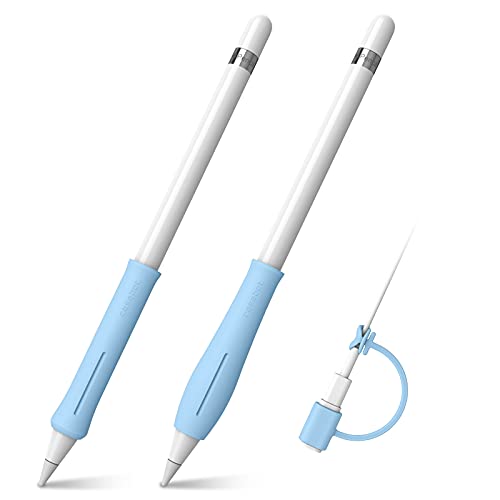 Fintie 2 Stück Silikon Griff Kompatibel mit Apple Pencil (USB-C) & Apple Pencil 1./ 2. Generation mit 1 Stück Kabel Adapter Tether, Schützende ergonomische Stiftehalter für Apple Pencil, Himmelblau von Fintie