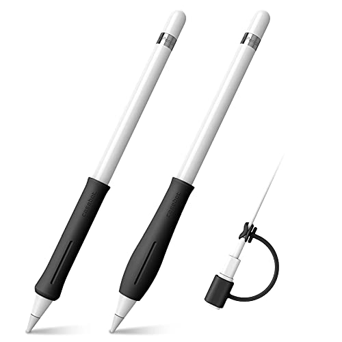 Fintie 2 Stück Silikon Griff Kompatibel mit Apple Pencil (USB-C) & Apple Pencil 1./ 2. Generation mit 1 Stück Kabel Adapter Tether, Schützende ergonomische Stiftehalter für Apple Pencil, Schwarz von Fintie