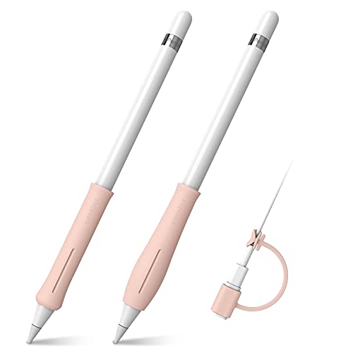 Fintie 2 Stück Silikon Griff Kompatibel mit Apple Pencil Pro/USB-C & Apple Pencil 1./ 2. Generation mit 1 Stück Kabel Adapter Tether, Schützende ergonomische Stiftehalter, Rosa Sand von FINTIE