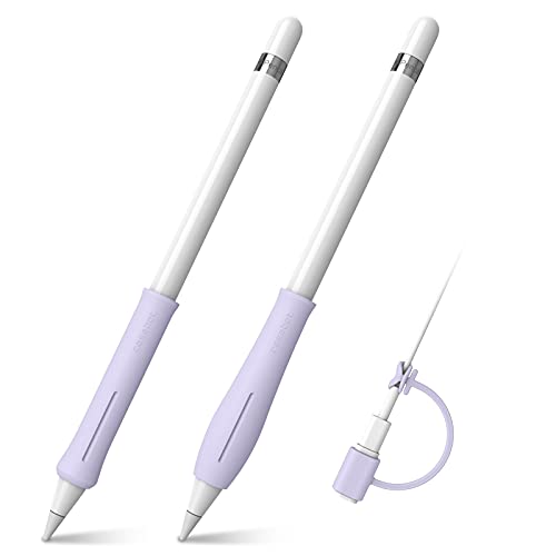 Fintie 2 Stück Silikon Griff Kompatibel mit Apple Pencil Pro/USB-C & Apple Pencil 1./ 2. Generation mit 1 Stück Kabel Adapter Tether, Schützende ergonomische Stiftehalter für Apple Pencil, Violett von FINTIE