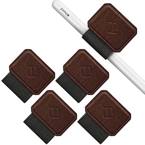 FINTIE 4 Stück Stifthalter Selbstklebend für Apple Pencil und Stylus Stift, Elastisch Kunstleder Pen Loop Holder für Notizbuch, Kalender, Tablet, Ordner, Braun von FINTIE