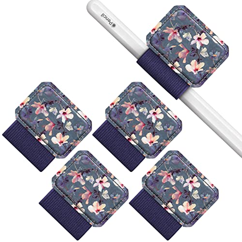FINTIE 4 Stück Stifthalter Selbstklebend für Apple Pencil und Stylus Stift, Elastisch Kunstleder Pen Loop Holder für Notizbuch, Kalender, Tablet, Ordner, Hibiskus von FINTIE