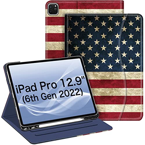 Fintie Folio-Hülle für iPad Pro 32,8 cm (12,9 Zoll), 6. Gen. 2022, iPad Pro 32,8 cm (12,9 Zoll) 2021, 5. Gen. 2020, 4. Gen. 2018, 3. Gen., Multi-Winkel, Smart-Ständer, Stifthalter/Tasche, US-Flagge von FINTIE
