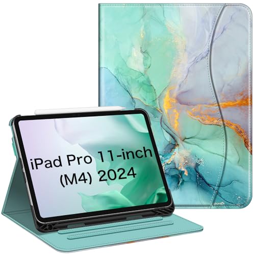 Fintie Folio-Schutzhülle für iPad Pro 27,9 cm (11 Zoll) (M4) 2024 (Modellnummer: A2836/A2837/A3006) – Standfunktion mit Stifthalter und Tasche, automatische Wake/Sleep, smaragdfarbener Marmor von FINTIE