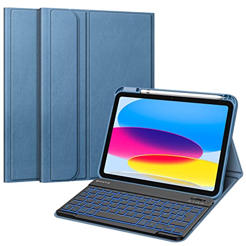 Fintie Französische AZERTY-Tastatur für iPad 10. Generation 2022 10,9 Zoll – [Französisches AZERTY] 7-farbige Tastatur mit Hintergrundbeleuchtung, Dunstblau von Fintie