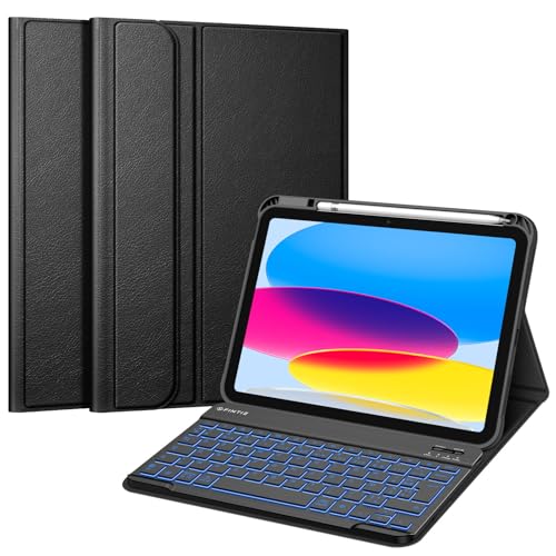 Fintie Französische AZERTY-Tastatur für iPad 10. Generation 2022 10,9 Zoll – [Französisches AZERTY] 7-farbige Tastatur mit Hintergrundbeleuchtung, Schwarz von Fintie