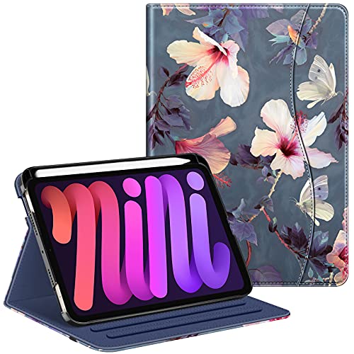 Fintie Hülle für iPad Mini 7 (A17 Pro) 2024 / iPad Mini 6 2021 8.3 Zoll mit Stifthalter - [Eckenschutz] Multi-Winkel Betrachtung Folio Stand Schutzhülle mit Dokumentschlitze, Blühender Hibiskus von FINTIE