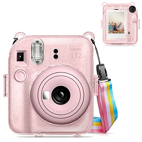 Fintie Hülle für Fujifilm Instax Mini 12 Sofortbildkamera - Transparent Hart Schutzhülle mit Film Tasche und Abnehmbaren Regenbogen Riemen, Schimmernd Rosa von Fintie