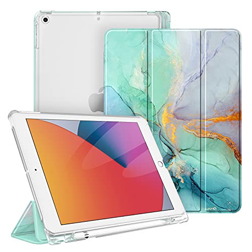 Fintie Hülle für iPad 9. Generation 2021/8. Gen 2020/7. Gen 2019 10.2 Zoll mit Stifthalter, ultradünne leichte Schutzhülle mit transparenter Rückseite und Auto Schlaf/Wach Funktion, Marmor Grün von Fintie