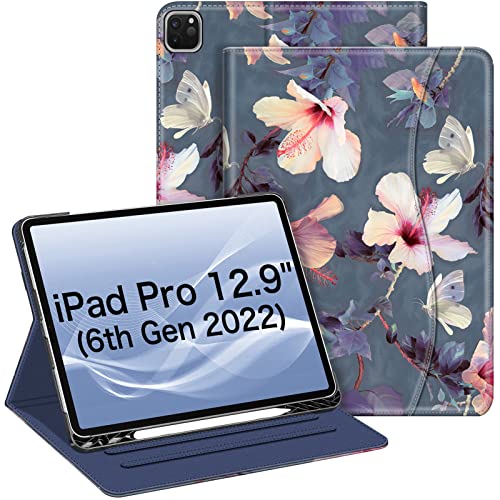 Fintie Hülle für iPad Pro 12.9 Zoll 2022 (6. Generation) / iPad Pro 12.9 2021/2020/2018 mit Stifthalter, Multi-Winkel Betrachtung Folio Stand Schutzhülle mit Dokumentschlitze, Hibiskus von Fintie